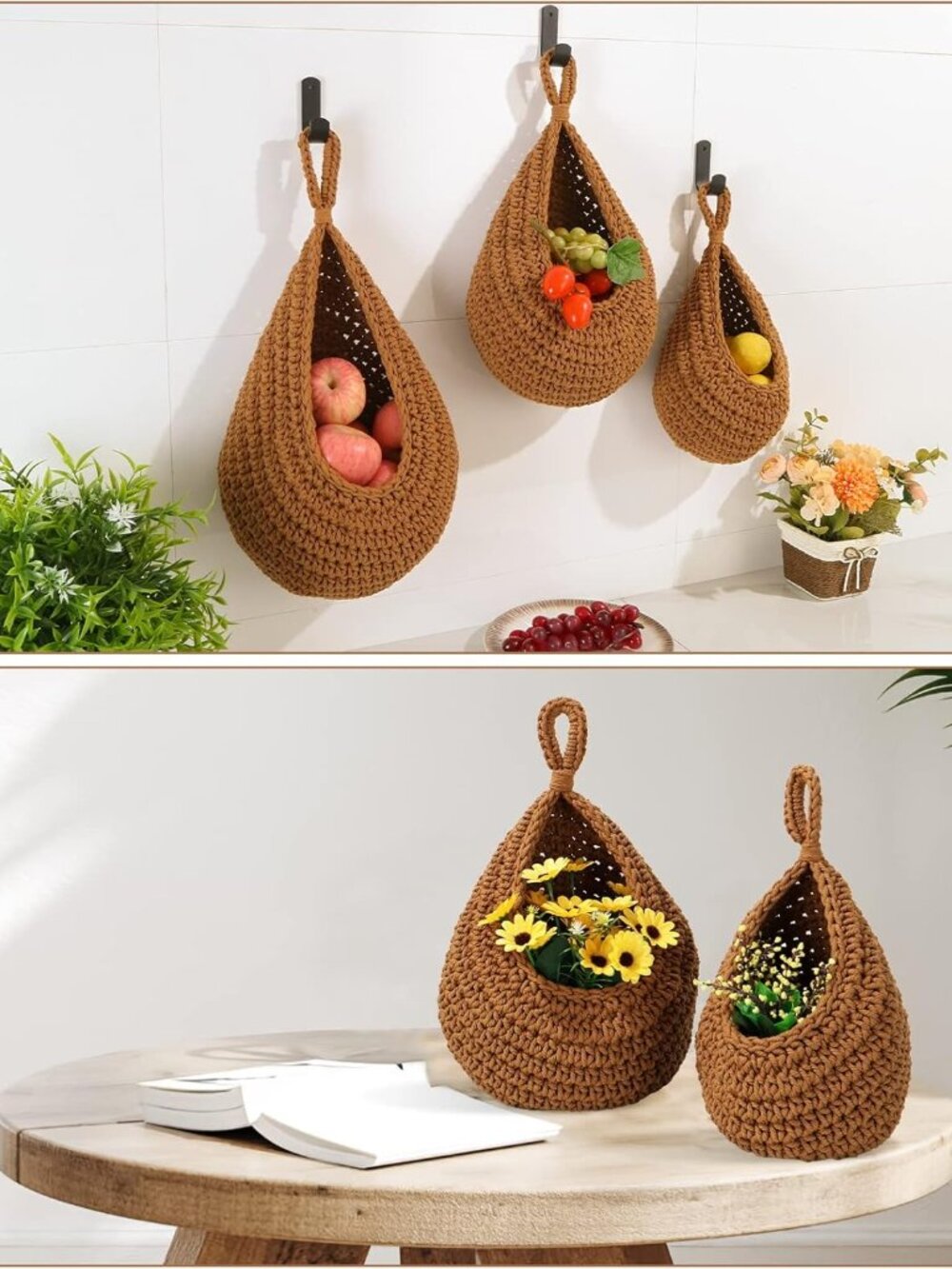Boho Decor Hanging Fruit Baskets for Kitchen - 3 Pack Wall Hanging Basket with 6 - Picture 5 of 7